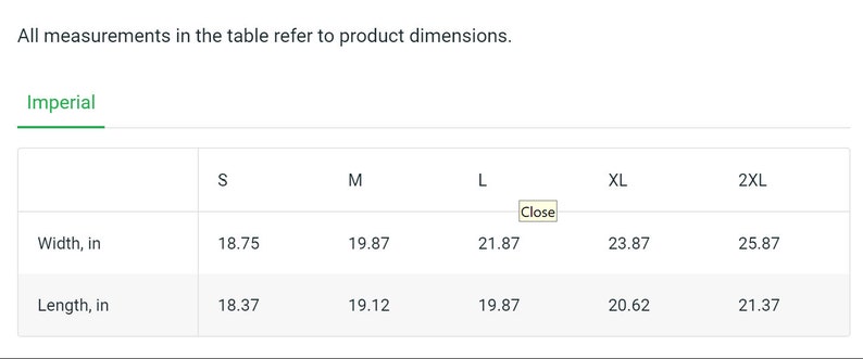 May include: Size chart showing width and length measurements in inches for sizes S, M, L, XL, and 2XL.