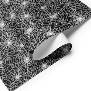 Spooky Gift Wrap Pack, Black, White and Red Halloween Wrapping Paper Sheets w/ Watercolor Skulls, Goth Spider Webs, and Witchy Botanicals Single Sheet: Spider