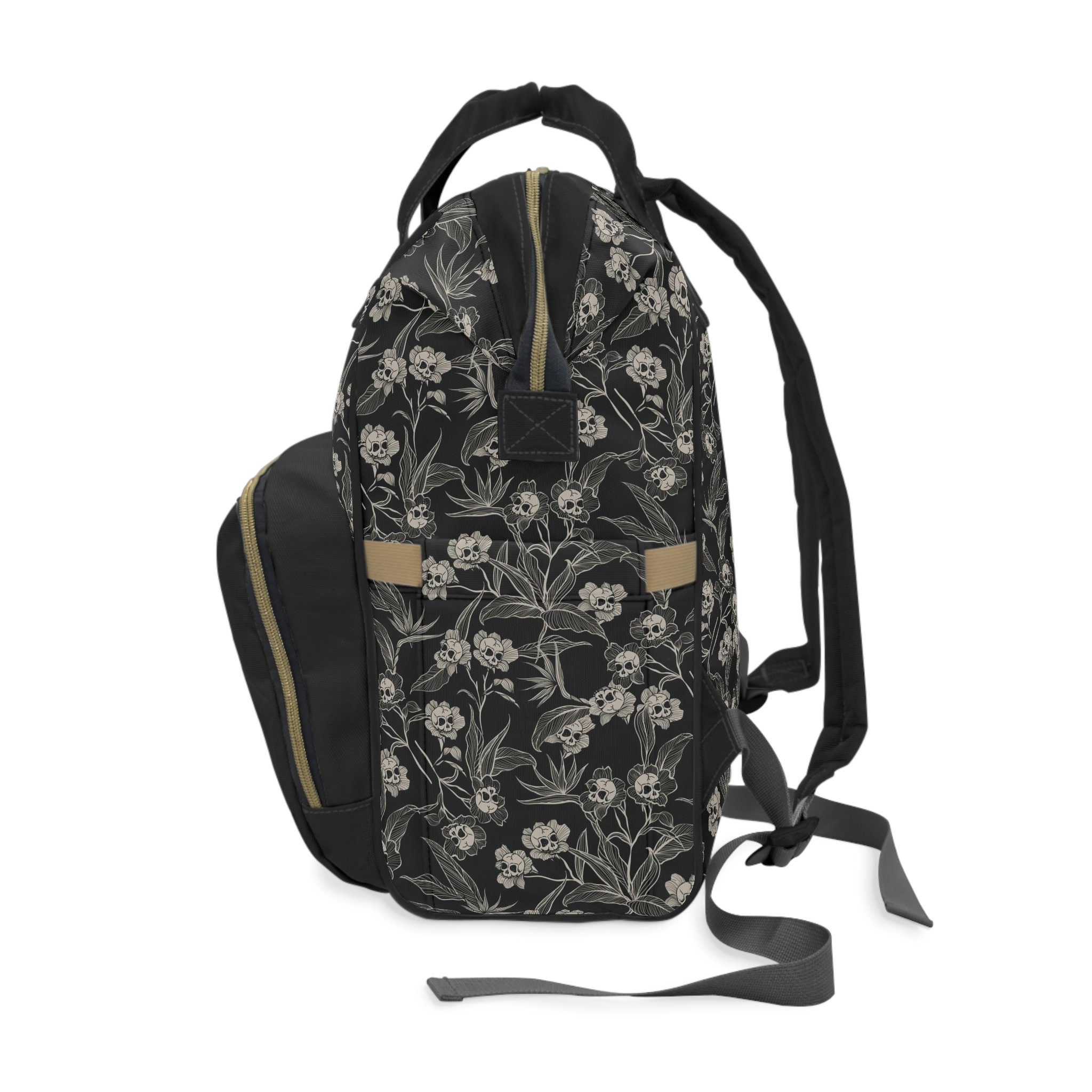 Floral Skull Diaper Bag, Gothic Flowers Nappy Backpack 