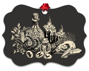 Black Magic Ornament, Metal halloween tree Ornament, spooky spells & potions holiday bauble, witchy gift, wiccan occult christmas tree charm