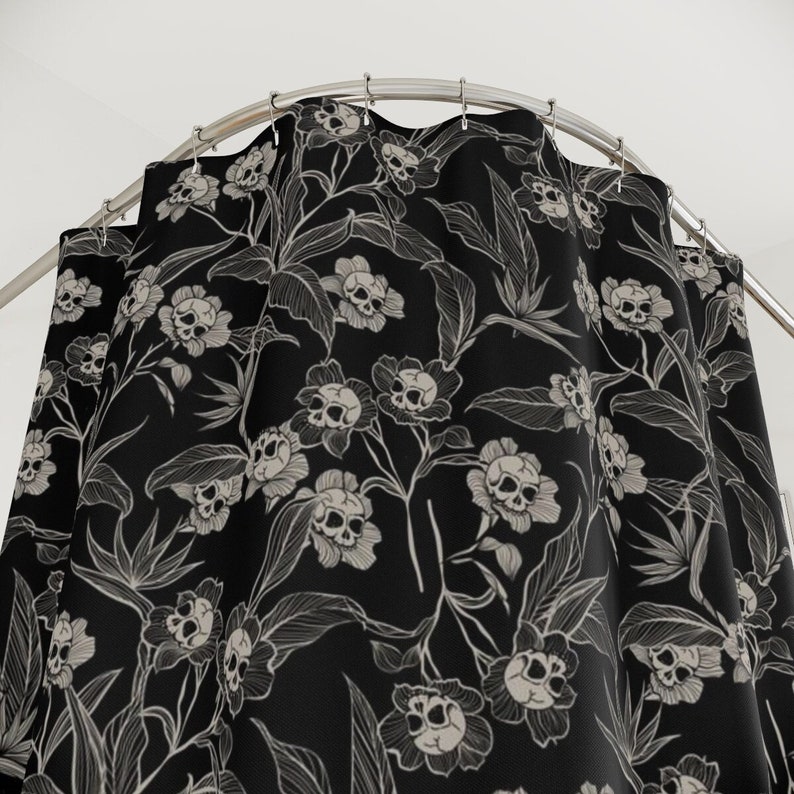 Goth Floral Shower Curtain, Spooky skull flower bath curtain, Gothic tiki bathroom decor,Witchy botanical bones home accent,Deadly beautiful image 2