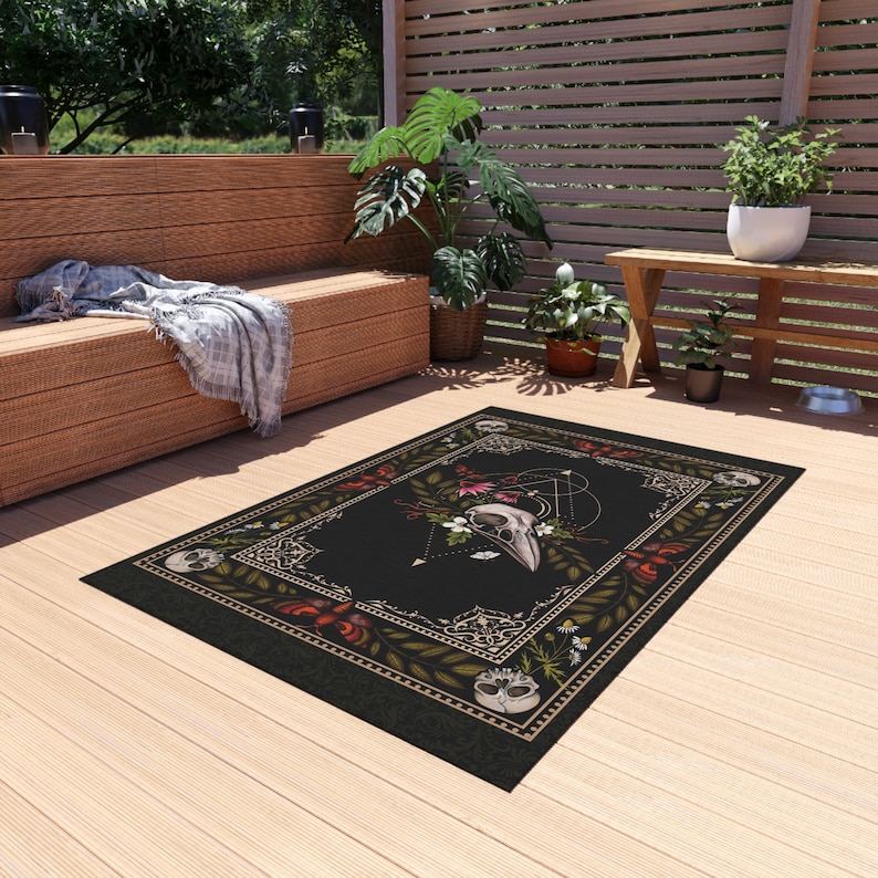 Dark Cottagecore Area Rug, Gothic Vintage Vibe Carpet w/ Baroque Floral Bird Skull Art, Witchy Dark Academia Home Decor 画像 5
