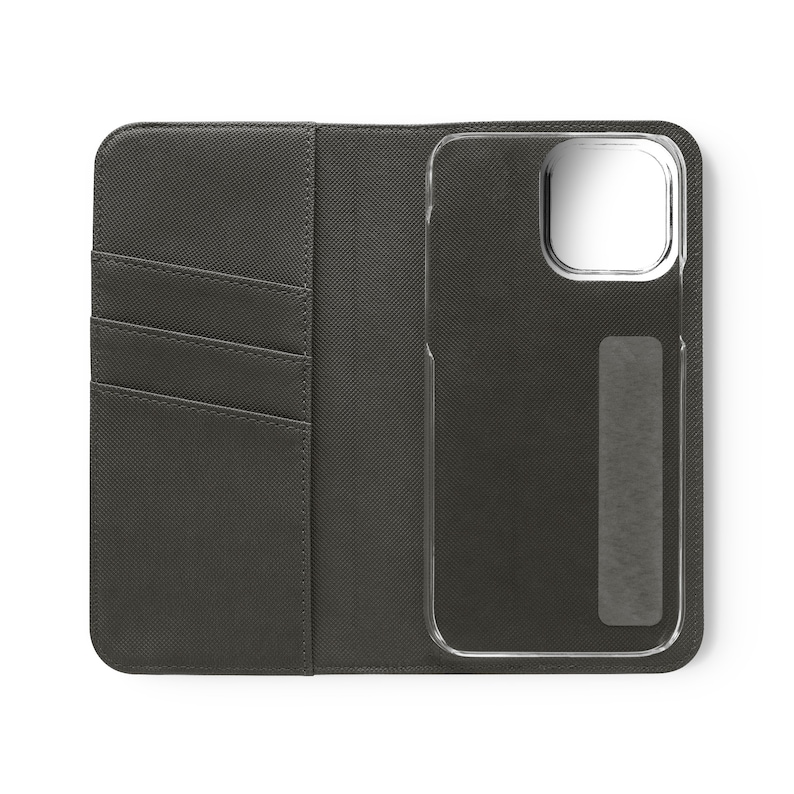 May include: A black leather phone case with a clear plastic window for the phone screen. The case has a flap that folds over the phone and has three card slots on the inside.
