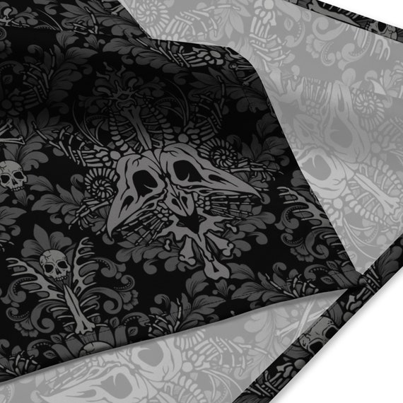 Gothic Victorian Bandana, Versatile Black Spooky Macabre Baroque Skull Cloth, Witchy Scarf Gift, Dark Academia Headband or Tarot Card Wrap