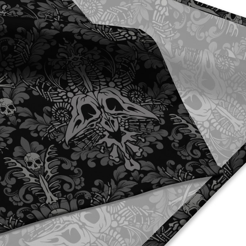 Gothic Victorian Bandana, Versatile Black Spooky Macabre Baroque Skull Cloth for Witchy Scarf, Whimsigoth Headband, Tie or Tarot Card Wrap