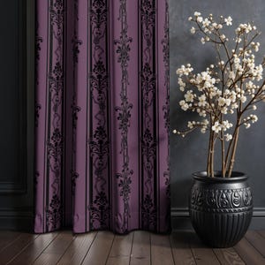 Dancing Skeleton Curtains, Two-piece Grommet Window Drapes w/ Spooky Baroque Print in Black & Mauve, Dark Moody Gothic Victorian Home Decor