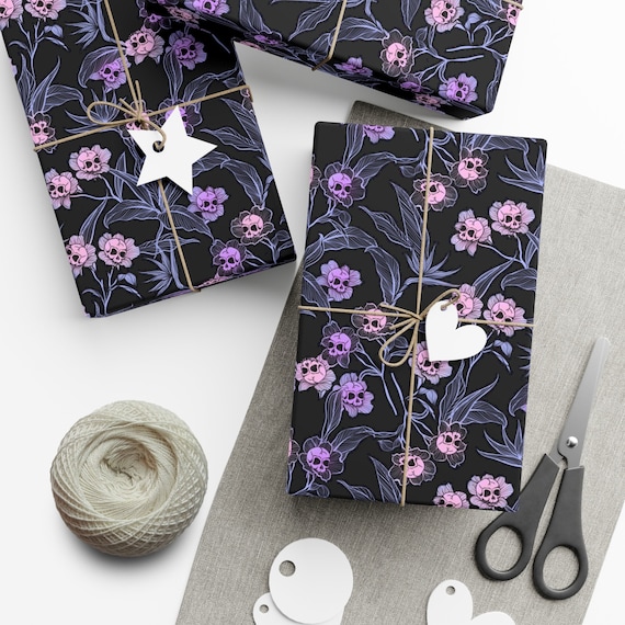 Pastel Goth Gift Wrap, Spooky yet elegant macabre floral craft or wrapping paper w/ pale pink & purple deadly beautiful skull flowers