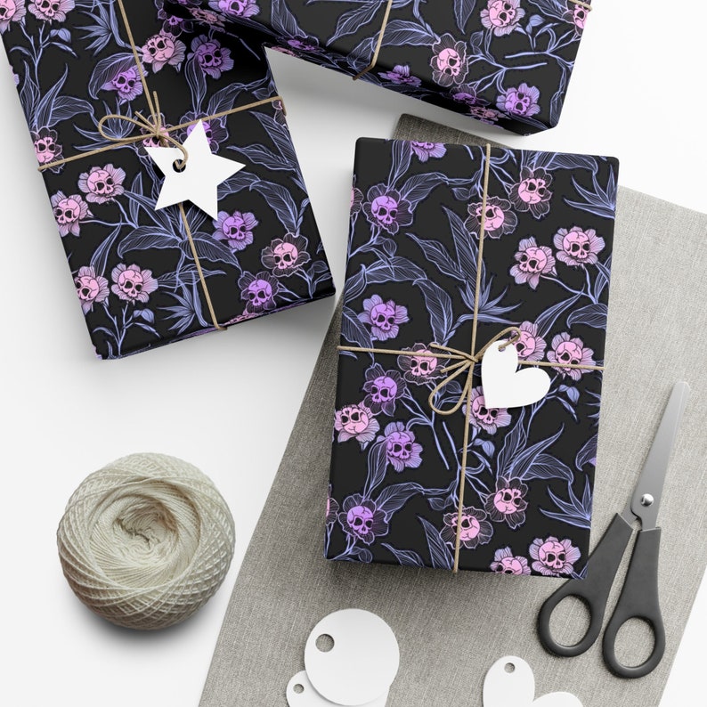 Pastel Goth Gift Wrap, Spooky yet elegant macabre floral craft or wrapping paper w/ pale pink & purple deadly beautiful skull flowers image 1