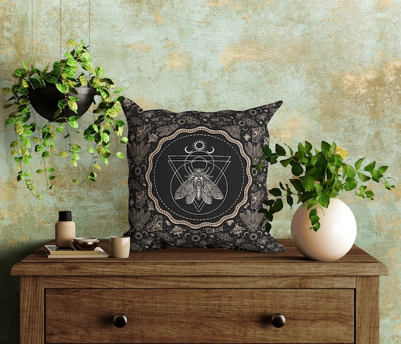 Witchy Cicada Pillow: Occult Esoteric Couch Accent - Dark Cottagecore Home Decor - Enchanting Gothic Witchcore Moth Faux Suede Throw Cushion