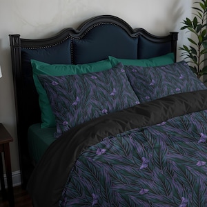 Botanical Moth Bedding Set, Dark Forest Cottagecore Duvet Cover & Pillowcase Set, Gothic Garden Bedroom Decor in Green + Pink, Moody Home
