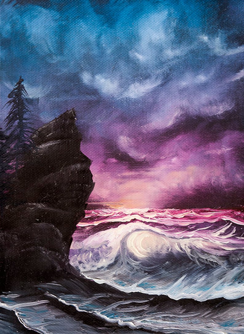 Dark Ocean Painting Print Sunset Landscape Painting Seascape | Etsy