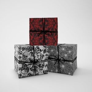 Spooky Gift Wrap Pack, Black, White and Red Halloween Wrapping Paper Sheets w/ Watercolor Skulls, Goth Spider Webs, and Witchy Botanicals image 3