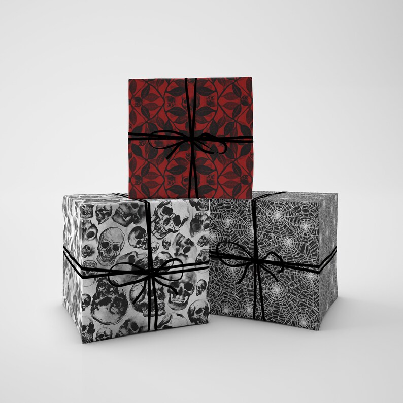 Spooky Gift Wrap Pack, Black, White and Red Halloween Wrapping Paper Sheets w/ Watercolor Skulls, Goth Spider Webs, and Witchy Botanicals image 3