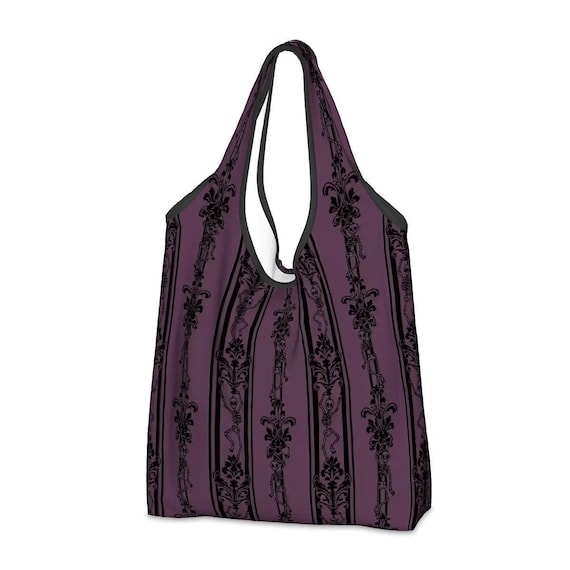 Mauve Skeleton Shopping Tote, Gothic Victorian Folding Reusable Grocery Bag w/ Baroque Dancing Skulls in Pink, Spooky Cute Gift for Goth Mom