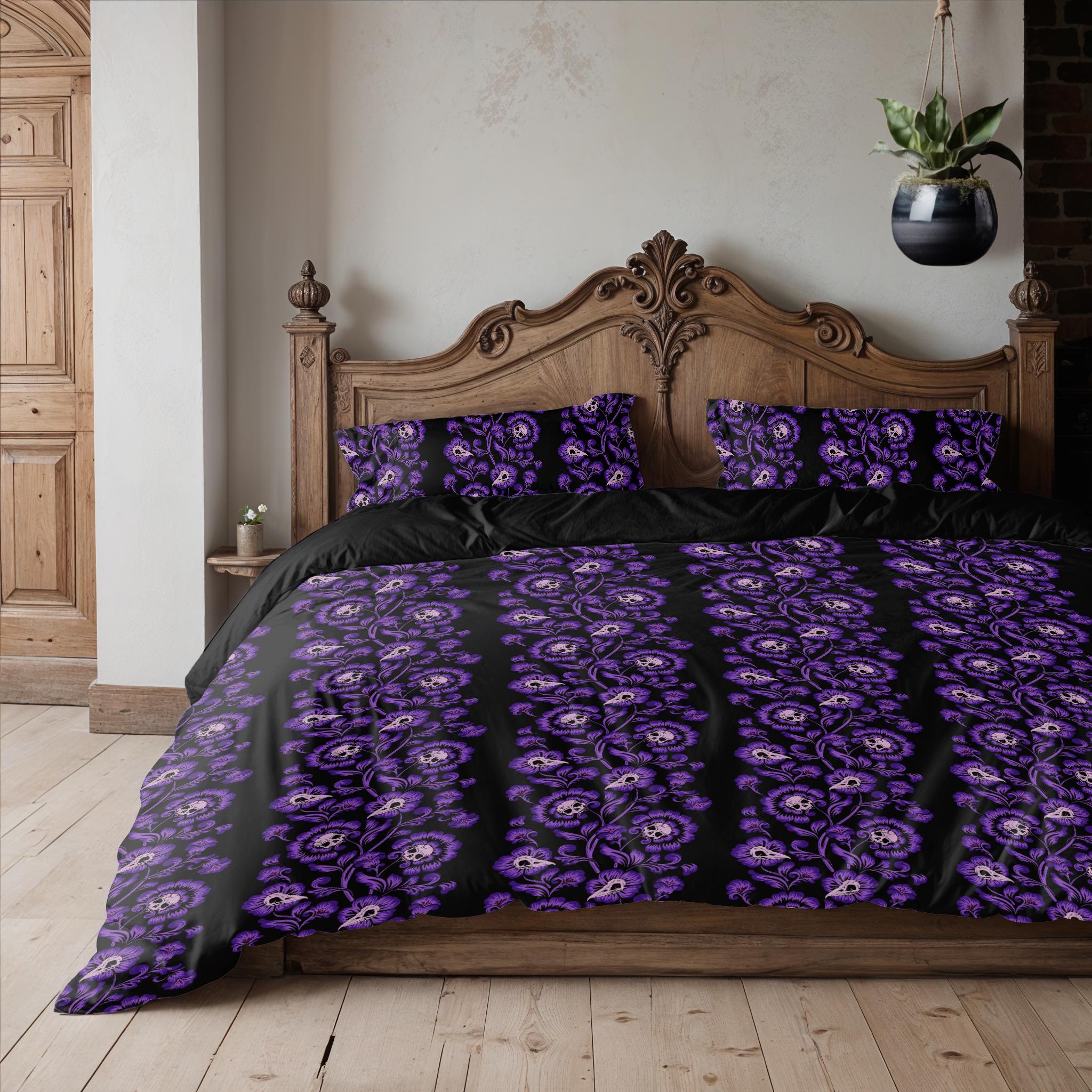 Purple Victorian Bedding Set, Gothic Baroque Floral 3-piece Duvet