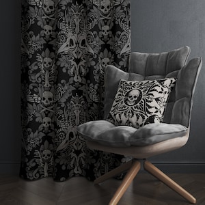 Macabre Victorian Curtain, Spooky Damask Skull & Bones Window Curtain in Gothuc Black and Gray. A Dark Academia Whimsigoth Home Decor Accent