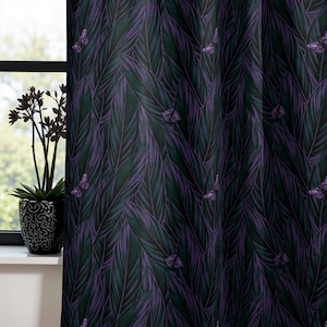 Dark Botanical Curtains, Two-piece Gothic Grommet Window Drapes w/ Moody Dark Cottagecore Moth Leaves Print, Witchy Forest Home Decor Gift
