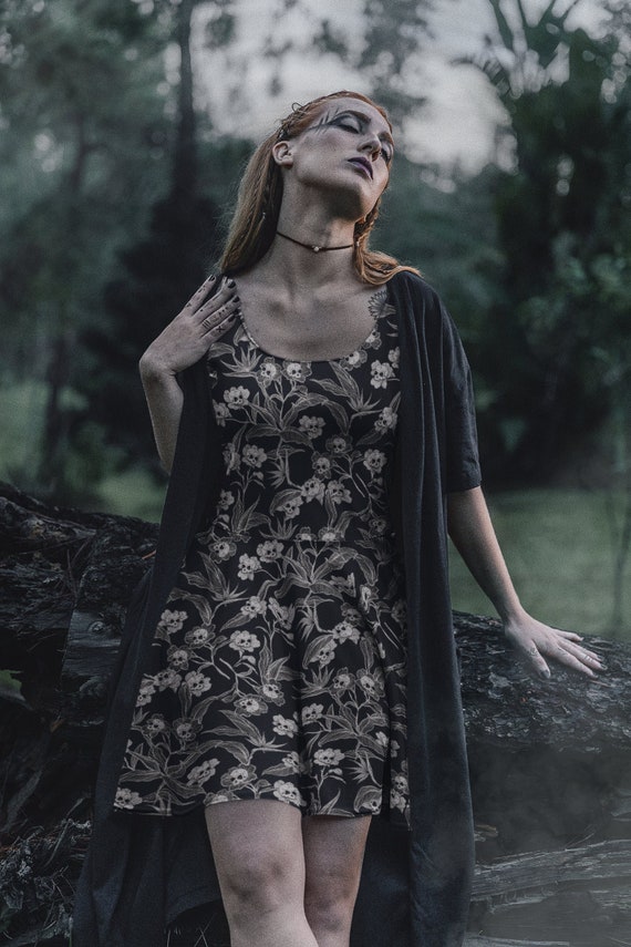 Gothic Floral Dress, Death Flowers Skater Dress, Spooky Tiki Tank