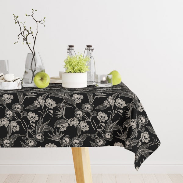 Gothic Floral Tablecloth, Spooky macabre cottagecore witch dining table covering with dark skull flower print. Goth kitchen decor accessory