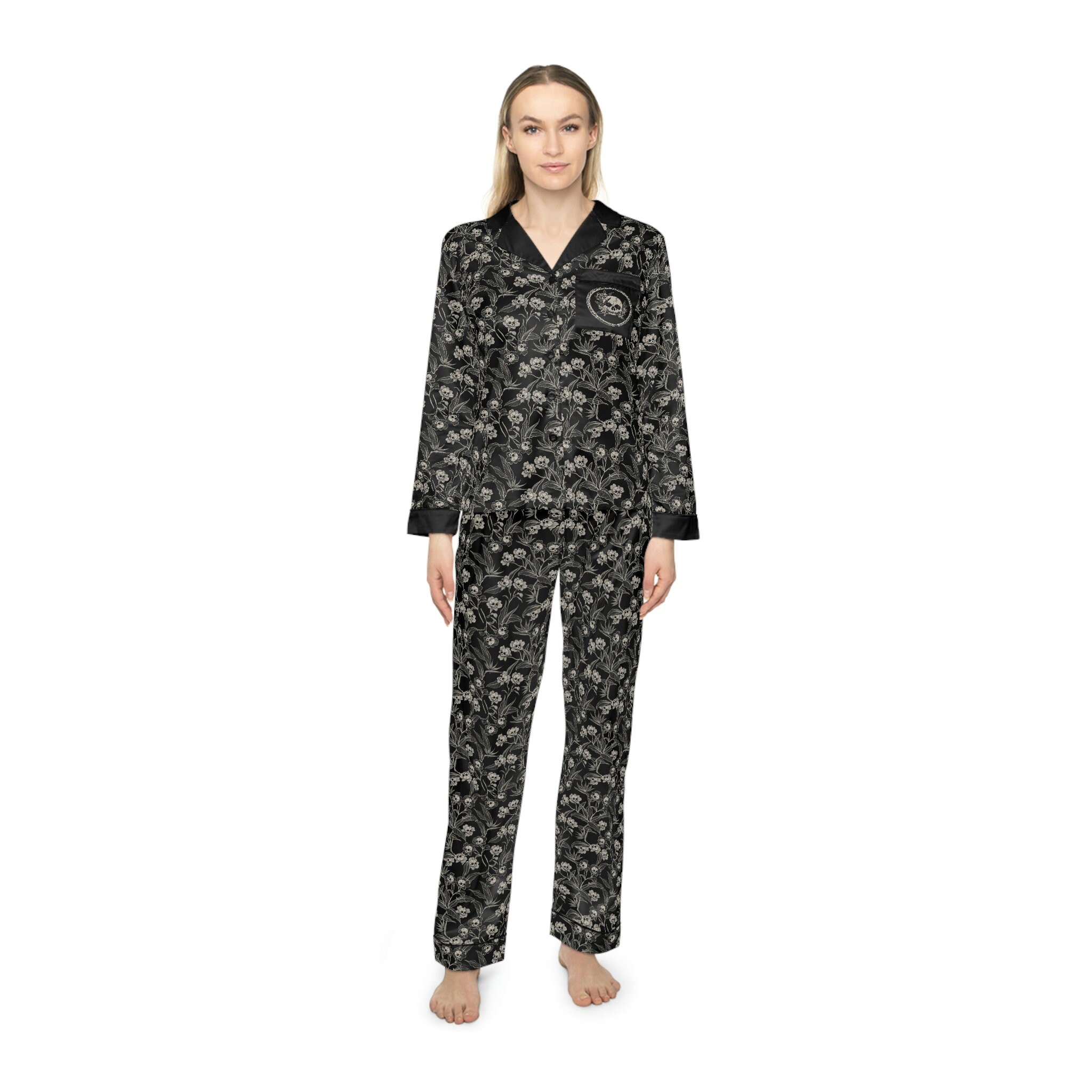 Gothic Floral Satin Pajamas. Elegantly Spooky Skull Flower Print Long ...
