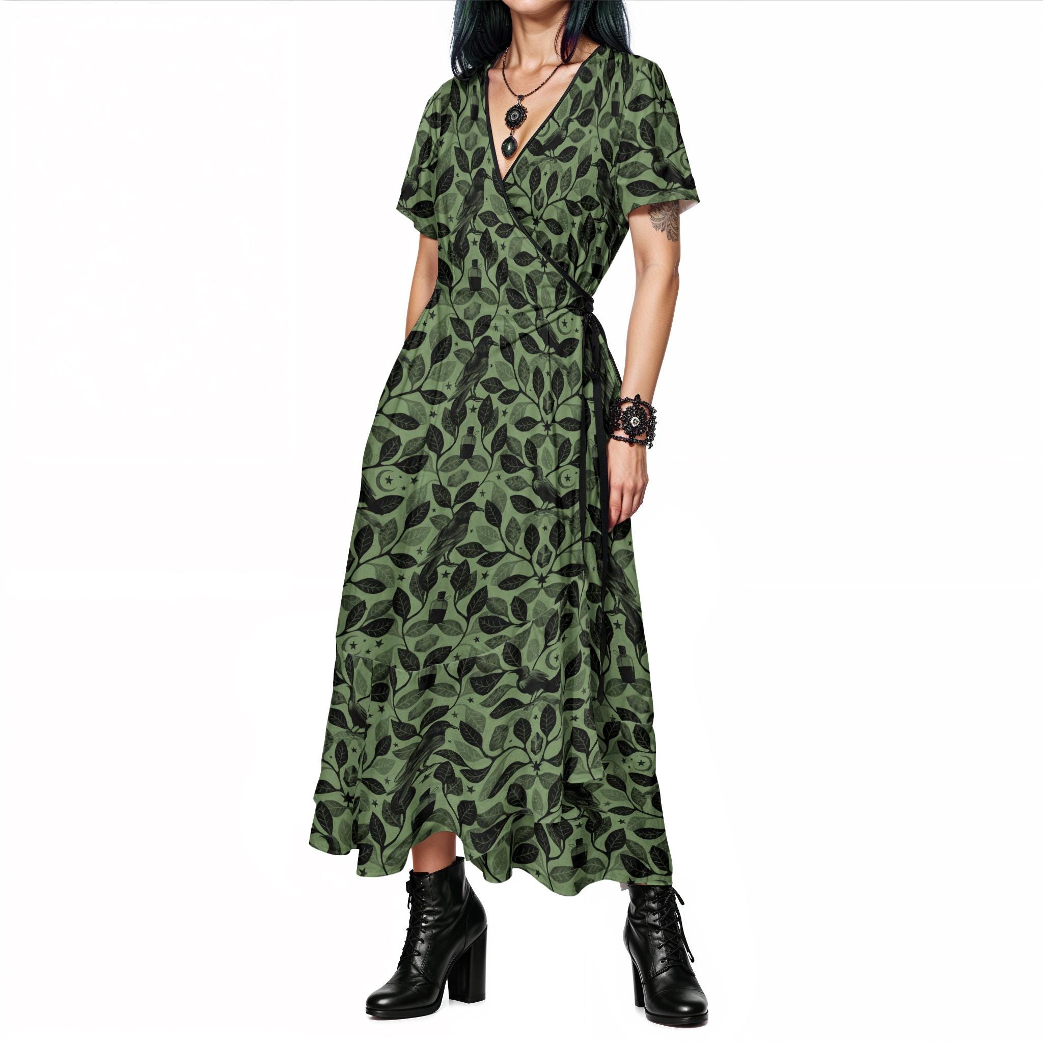 Green Raven Wrap Dress, Witchy Botanical Casual Maxi-Dress w/ Occult Crow Print, Dark Gothic Summer Fashion Gift for XS to Plus Sized Witch Green Raven Wrap Dress, Witchy Botanical Casual Maxi-Dress w/ Occult Crow Print, Dark Gothic Summer Fashion Gift for XS to Plus Sized Witch