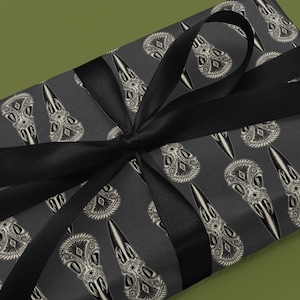 Raven Skull Gift Wrap, Occult goth wrapping paper, Carved bird skull craft paper, Witchy crow present packaging, Pagan yule holiday wrapping