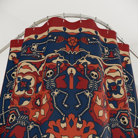 Dancing Skeleton Mandala Shower Curtain, Spooky Goth Boho Maximalist Bath Accent in Rust Red & Blue, Elegant Moody Halloween Bathroom Decor
