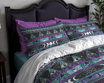 Pastel Goth Cotton Bedding Set – 3pc Occult Stripe Duvet Cover Set, Gothic Moon Phase, Skull & Evil Eye Pattern, Purple Witchy Bedroom Decor