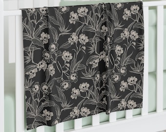 Gothic Floral Swaddle Blanket, wrap baby in this spooky skull flower blankie. A dark elegant nursery decor accent for goth baby shower gift