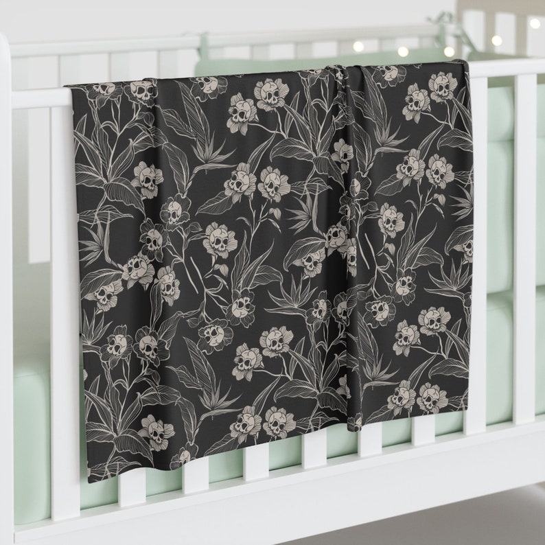 Gothic Floral Swaddle Blanket, wrap baby in this spooky skull flower blankie. A dark elegant nursery decor accent for goth baby shower gift image 1