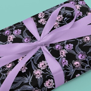 Pastel Goth Gift Wrap, Spooky yet elegant macabre floral craft or wrapping paper w/ pale pink & purple deadly beautiful skull flowers image 5