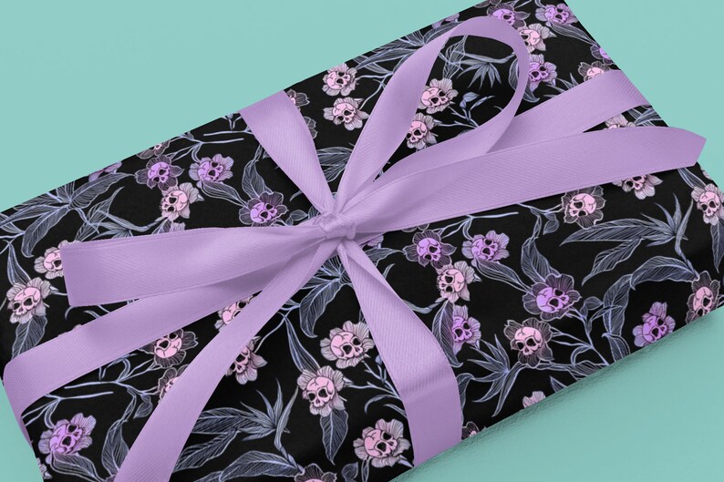Pastel Goth Gift Wrap, Spooky yet elegant macabre floral craft or wrapping paper w/ pale pink & purple deadly beautiful skull flowers image 5