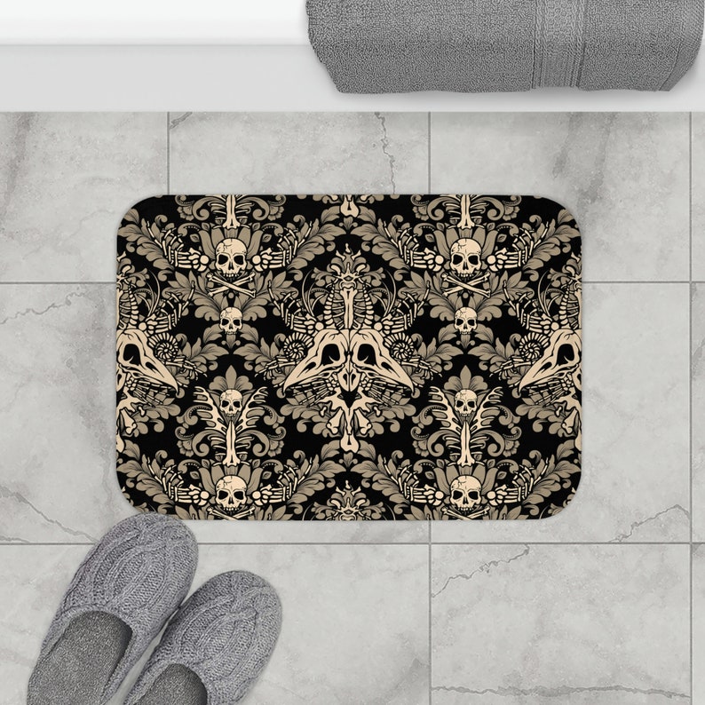 Damask Bones Bath Mat, Macabre Victorian Goth Skull shower rug in black & tan. A spooky accent to witchy bathroom home decor image 7