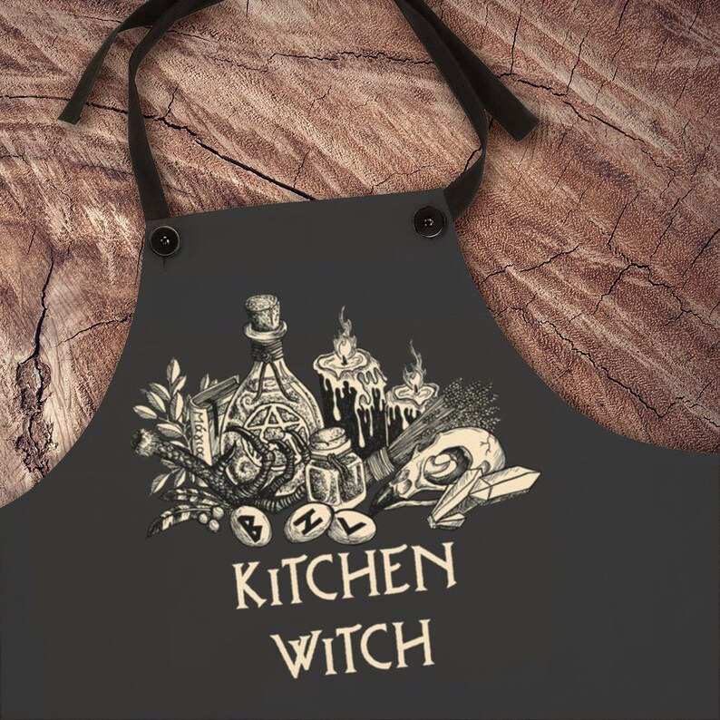 Kitchen Witch Apron. Occult black magic chef apron. Wiccan kitchen wear. Witchy art pinafore. Gothic home cook gift Cooking spells & potions image 2