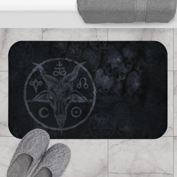 Satanic Bath Mat, Baphomet shower rug, Goth bathroom decor, Occult bath mat, Satanic home decor Skull pentagram floor mat Witchy room accent