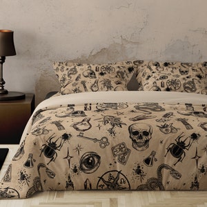 Occult Duvet Cover Bedding, Dark Satanic Witchcore Pillowcase, Witchy Gothic Skull Pentagram Bedroom Decor, Black Magic Crowcore Home Accent