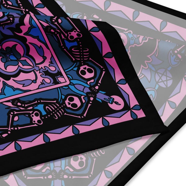 Bandana de esqueleto pastel, pañuelo gótico oscuro con calaveras danzantes, paño de tarot macabro Vaporwave, collar gótico rosa para mascotas