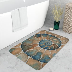 Ammonite Bath Mat, ammonite watercolor decor, seashell floor mat, beach themed decor, fossil art print, housewarming gift, home accent rug