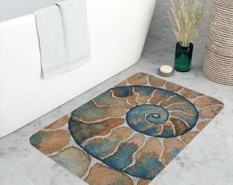 Ammonite Bath Mat, ammonite watercolor decor, seashell floor mat, beach themed decor, fossil art print, housewarming gift, home accent rug