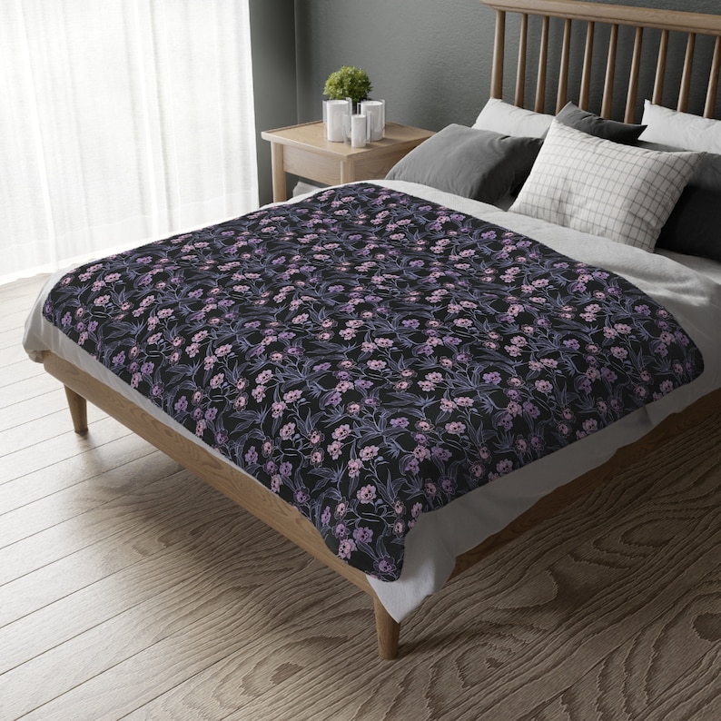 Pastel goth blanket w/ purple, pink & blue skull flowers and soft lilac minky back. A spooky nursery decor gift for the witchy gothic mom image 3