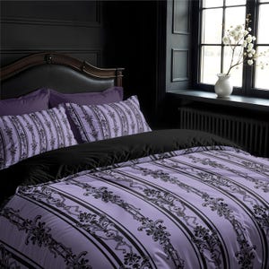 Dancing Skeleton Bedding Set, Pastel Goth Baroque 3-Pcs Duvet Cover & Pillowcase in Lilac Purple, Spooky Victorian Maximalist Bedroom Decor