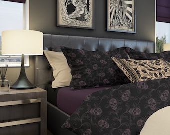 Dark Skull Bedding, ornate filigree gothic duvet cover or pillow sham in macabre black & purple. A spooky bedroom decor gift for witchy home