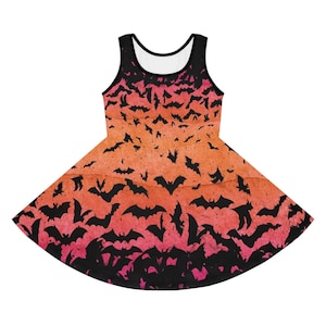 Robe pour tout-petit effrayante au coucher du soleil avec chauves-souris vampires volantes et ciel aquarelle - Parfaite pour Halloween - Robe d'été sans manches pour bébé fille ou garçon