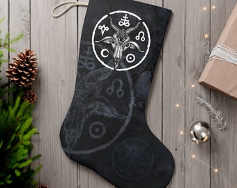 Satanic Christmas Stocking, Occult baphomet xmas mantle decor, A demonic goth pagan holiday accessory gift for the atheist punk or metalhead