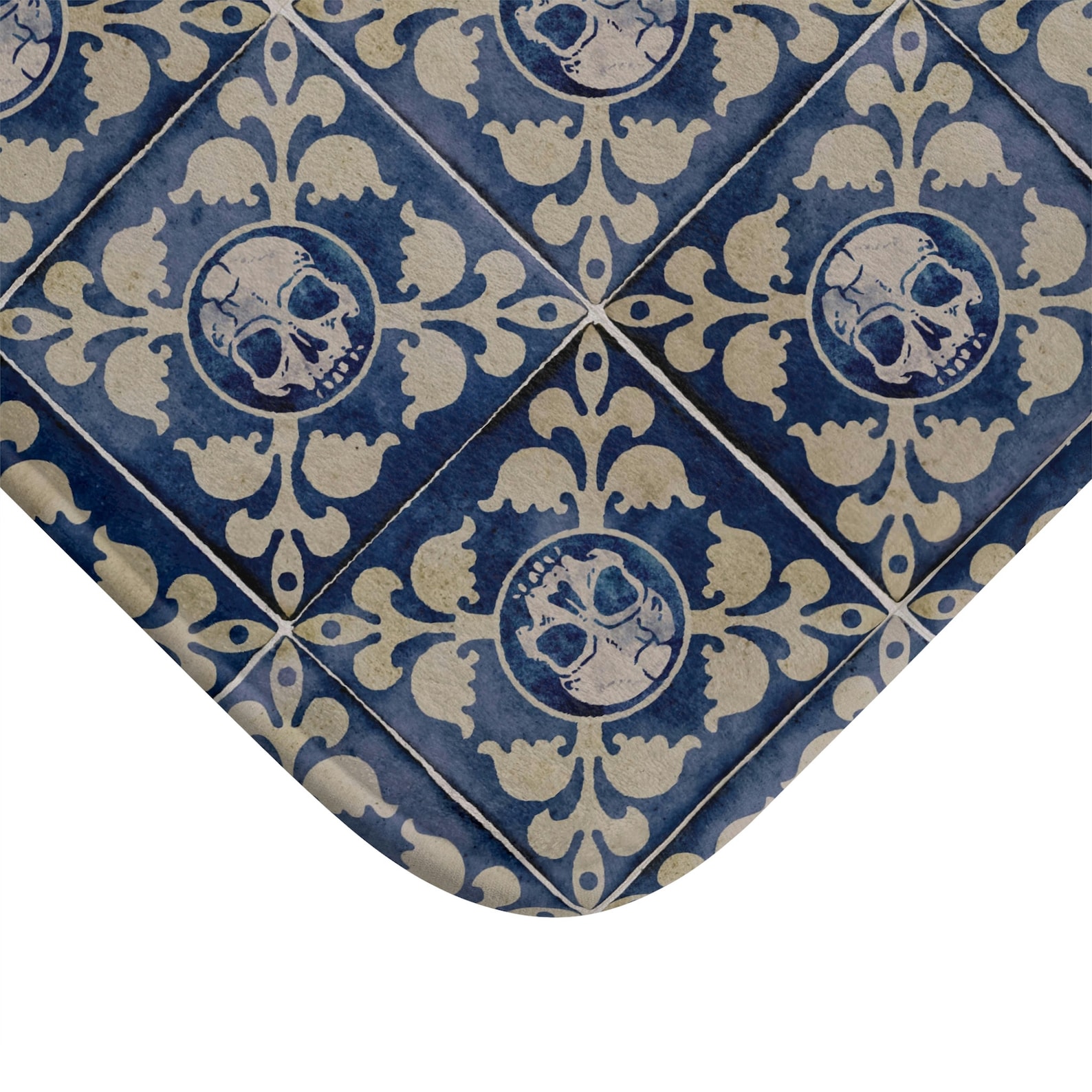 Moorish Skull Bathmat Spooky Gothic Blue and Cream Tile Pattern Shower ...