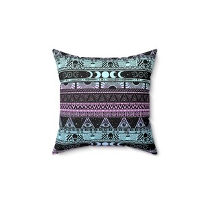 Pastel witch pillow, Esoteric tribal boho goth throw cusion or pillowcase in pink turquoise black. A witchy occult rainbow home decor accent image 3