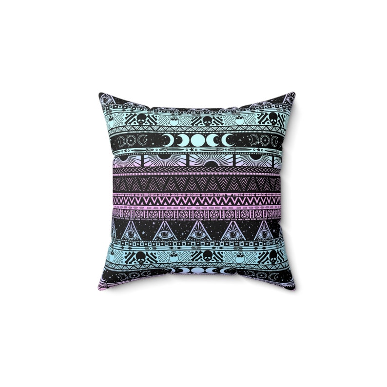 Pastel witch pillow, Esoteric tribal boho goth throw cusion or pillowcase in pink turquoise black. A witchy occult rainbow home decor accent image 3