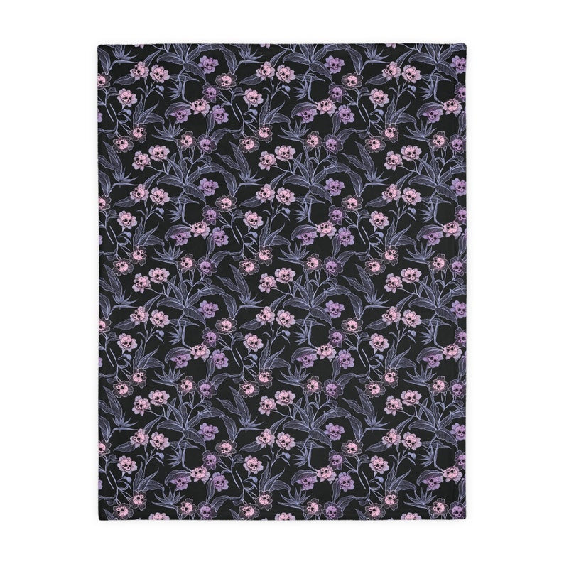 Pastel goth blanket w/ purple, pink & blue skull flowers and soft lilac minky back. A spooky nursery decor gift for the witchy gothic mom image 6