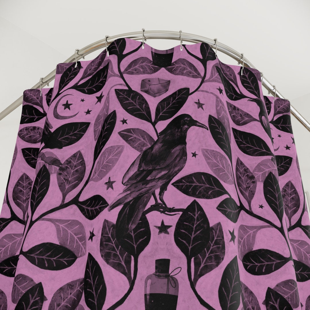Pink Raven Shower Curtain, Witchy Watercolor Botanical Bath Decor W
