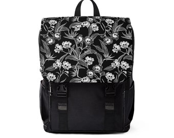 Mochila gótica floral, mochila de hombro con calavera y flor de fantasía, con estampado macabro de esqueletos estilo cottagecore gótico. Regalo punk para la vuelta al cole.